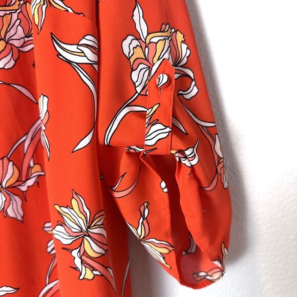 Worthington Women's Size 1X Blouse Floral Orange 3/4 Sleeve Roll- Tab Chiffon - Picture 7 of 11
